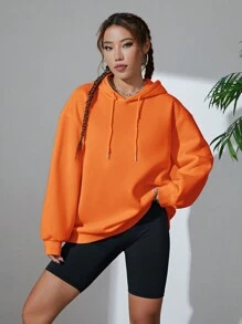 SHEIN EZwear Solid Drawstring Drop Shoulder Hoodie - Burnt Orange - View 4