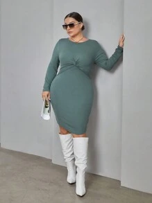 SHEIN Essnce 大碼前扭結下擺開叉緊身洋裝 - 綠色 - 查看 3