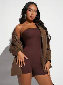 SHEIN SXY Abrigo con bolsillo con solapa de hombros caídos bajo curvo - Marrón - Ver 4