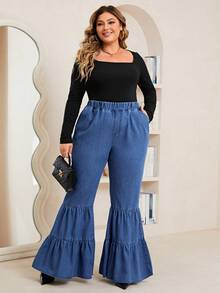 SHEIN LUNE Plus Elastic Waist Ruffle Hem Flare Leg Jeans - Dark Wash - View 5