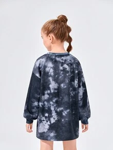 SHEIN Tween Girl Tie Dye Butterfly & Slogan Graphic Drop Shoulder Sweatshirt Dress - Black - View 2