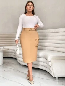 SHEIN Essnce Plus Flap Pocket Belted Skirt - Khaki - View 5