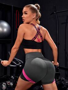 Colorblock Wideband Waist Biker Shorts - Black - View 6