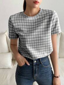 DAZY 格子印花圓領T恤 - 灰色 - 查看 1