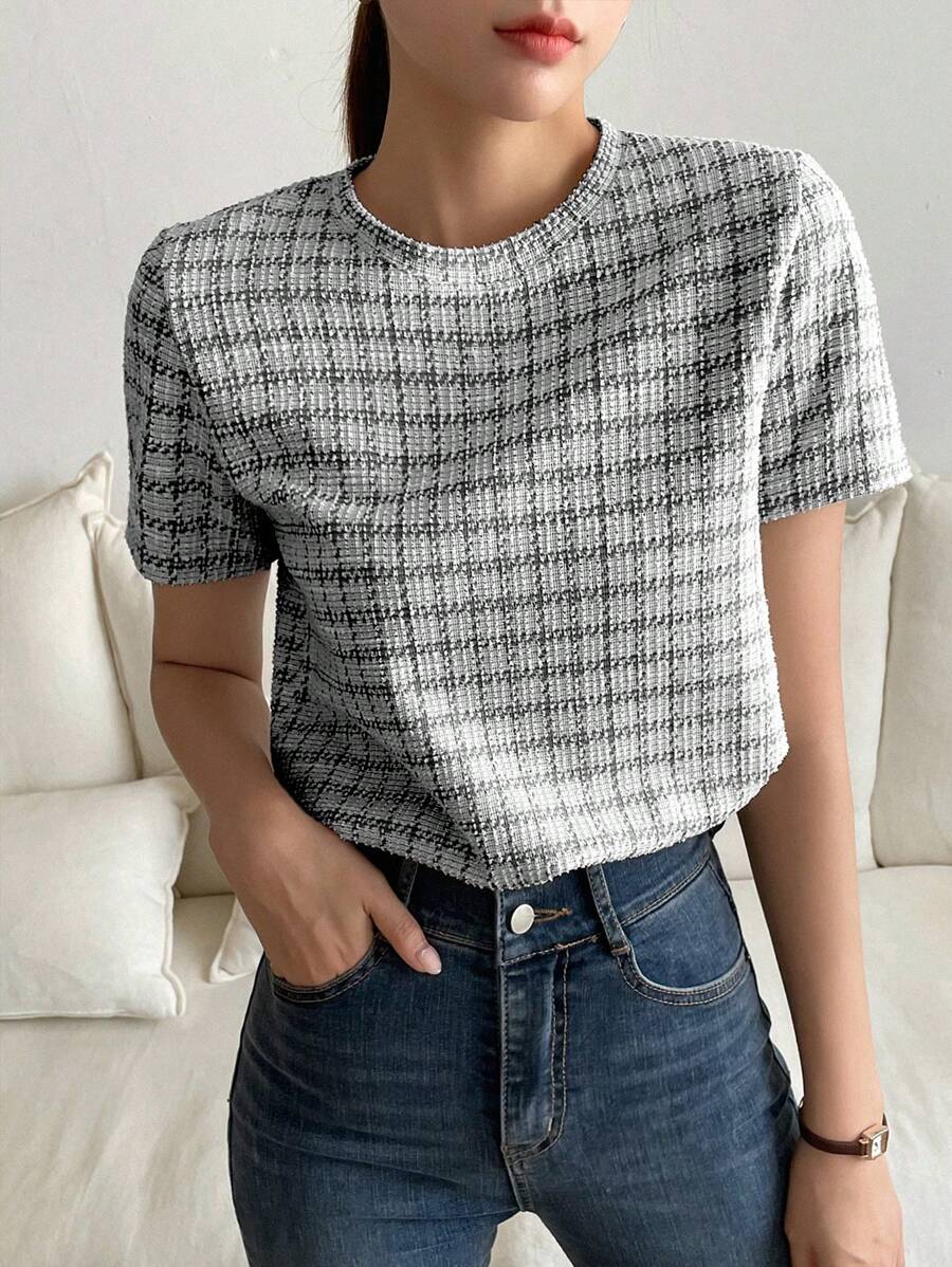 DAZY 格子印花圓領T恤 - 灰色 - 查看 1