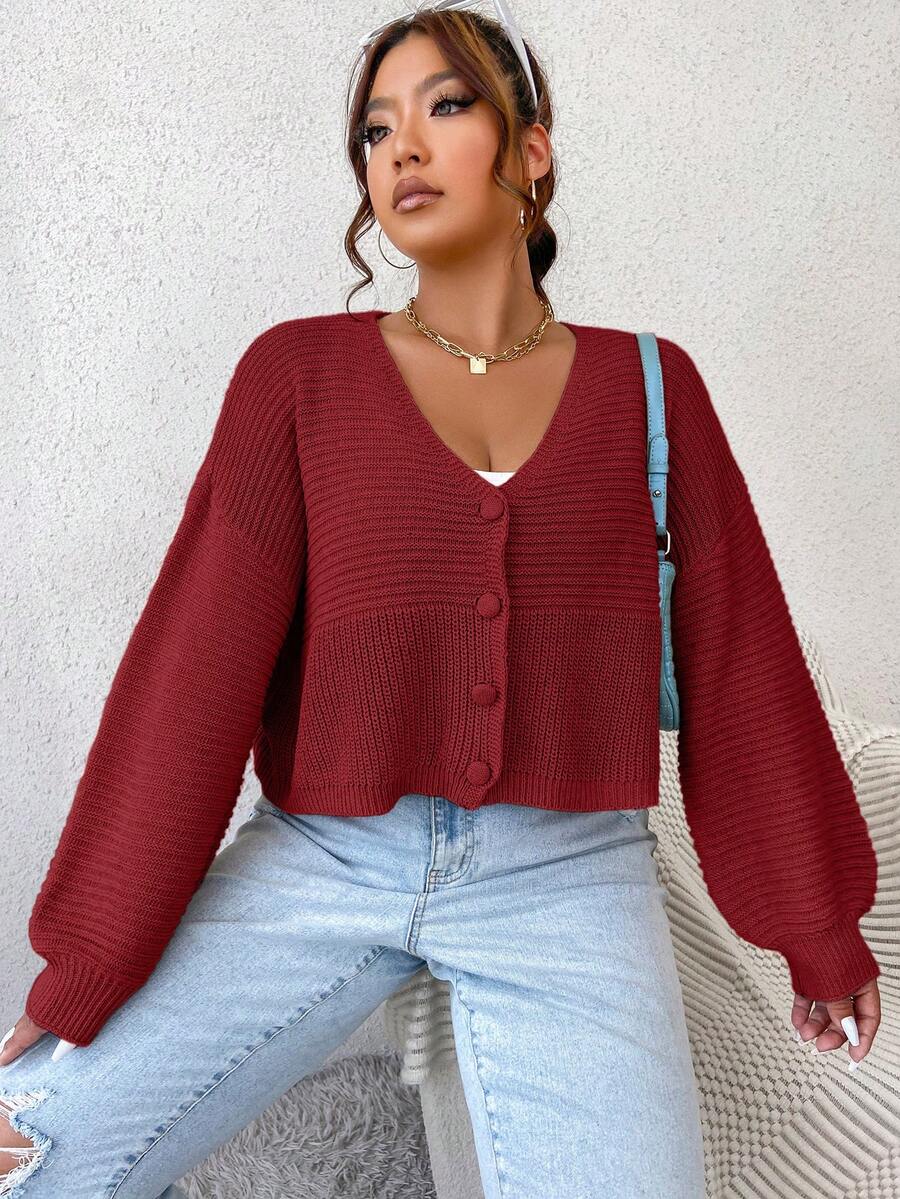 SHEIN Qutie Plus Drop Shoulder Ribbed Knit Cardigan - Red - View 1