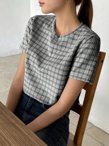 DAZY 格子印花圓領T恤 - 灰色 - 查看 4