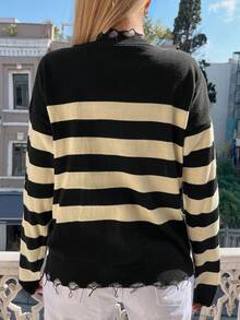 SHEIN 條紋圖案落肩袖仿舊邊套頭毛衣 - 黑色 - 查看 2