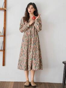 FRIFUL 碎花印花方领灯笼袖罩衫连衣裙，荷叶边，秋季长袖连衣裙度假装扮女装 - 彩色 - 查看 7