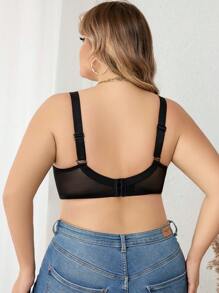 Plus Dobby Mesh Insert Appliques Detail Bra, Lingerie - Black - View 2