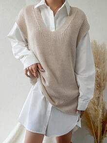 EURMUSE 1pc Solid Sweater Vest Without Belt - Beige - View 5