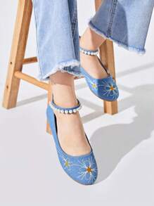 Fashionable Country Style Embroidered Denim Children's Flat Shoes With Pearls For Autumn