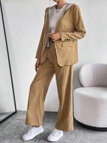 SHEIN Essnce 素色單釦西裝外套和褲子 - 卡其色 - 查看 4