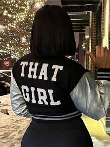 Chaqueta corta de forro polar con bordado de letras casual, abrigo de invierno grueso para mujer - Negro - Ver 1