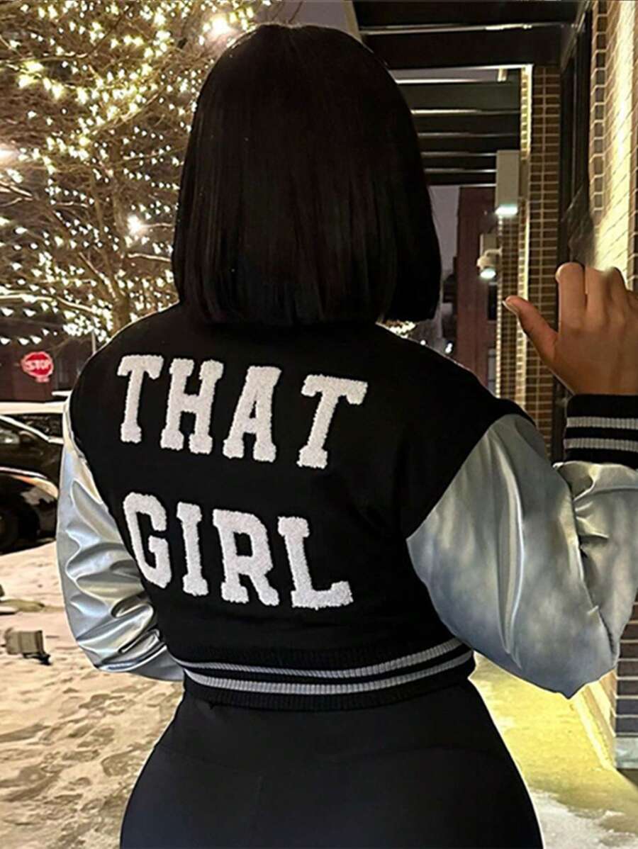 Chaqueta corta de forro polar con bordado de letras casual, abrigo de invierno grueso para mujer - Negro - Ver 1