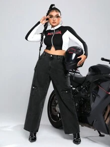 SHEIN ICON Hơn Cao eo Túi có nắp Quần jean chở hàng - màu đen - Xem 3