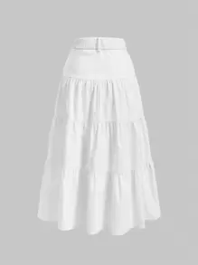 SHEIN MOD 净色荷叶边下摆半身裙 - 白色 - 查看 7