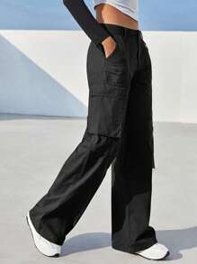 SHEIN EZwear Flap Pocket Side Cargo Pants - Black - View 3