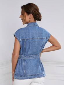 SHEIN Frenchy Flap Pocket Belted Denim Jacket - Blue - View 2