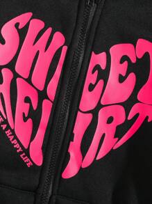 SHEIN 青少年女孩愛心和字母圖案拉鏈開襟加絨內裏連帽衫