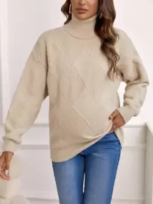 SHEIN 孕妇高领落肩毛衣，适合冬季 - 卡其色 - 查看 5