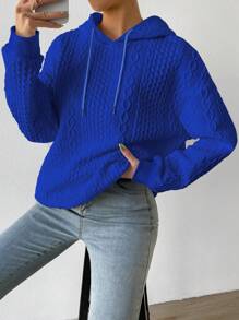 SHEIN EZwear Cable Knit Drop Shoulder Drawstring Hooded Sweatshirt - Royal Blue - View 3
