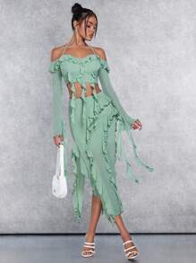 SHEIN BAE Ruffle Trim Skirt - Green - View 1