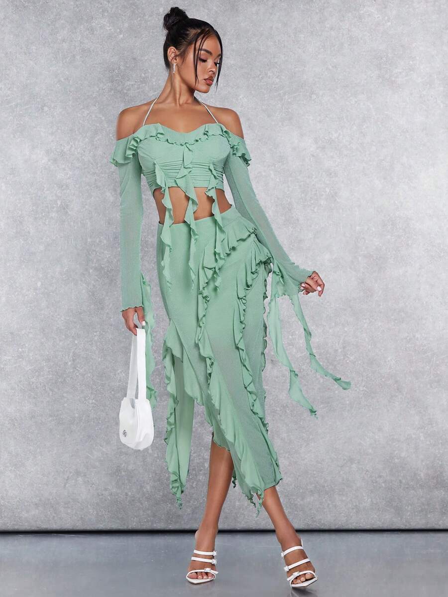 SHEIN BAE Ruffle Trim Skirt - Green - View 1