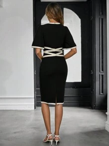 SHEIN Clasi Contrast Binding Flounce Sleeve Bodycon Dress