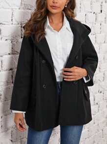 EMERY ROSE 雙排扣連帽大衣 - 黑色 - 查看 1