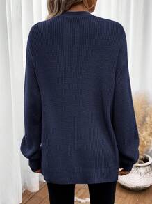 SHEIN LUNE Áo khoác cardigan thiết kế giản dị thả vai - Xanh đậm - Xem 2