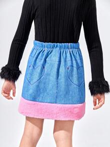 SHEIN Cô gái Tween Khối màu Hiệu ứng denim In Váy - Màu xanh lam - Xem 2