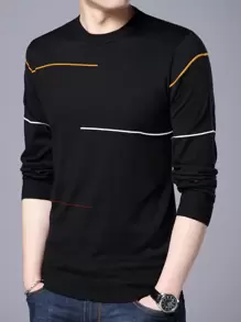 Men's Crew Neck Long Sleeve Contrast Color Striped Knitted Sweater, Light Weight For Spring And Autumn - Black - View 5