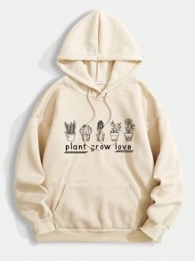 SHEIN LUNE Thực vật & Đồ họa Chữ cái Túi kangaroo Dây rút Áo hoodie ấm áp - Màu be - Xem 1