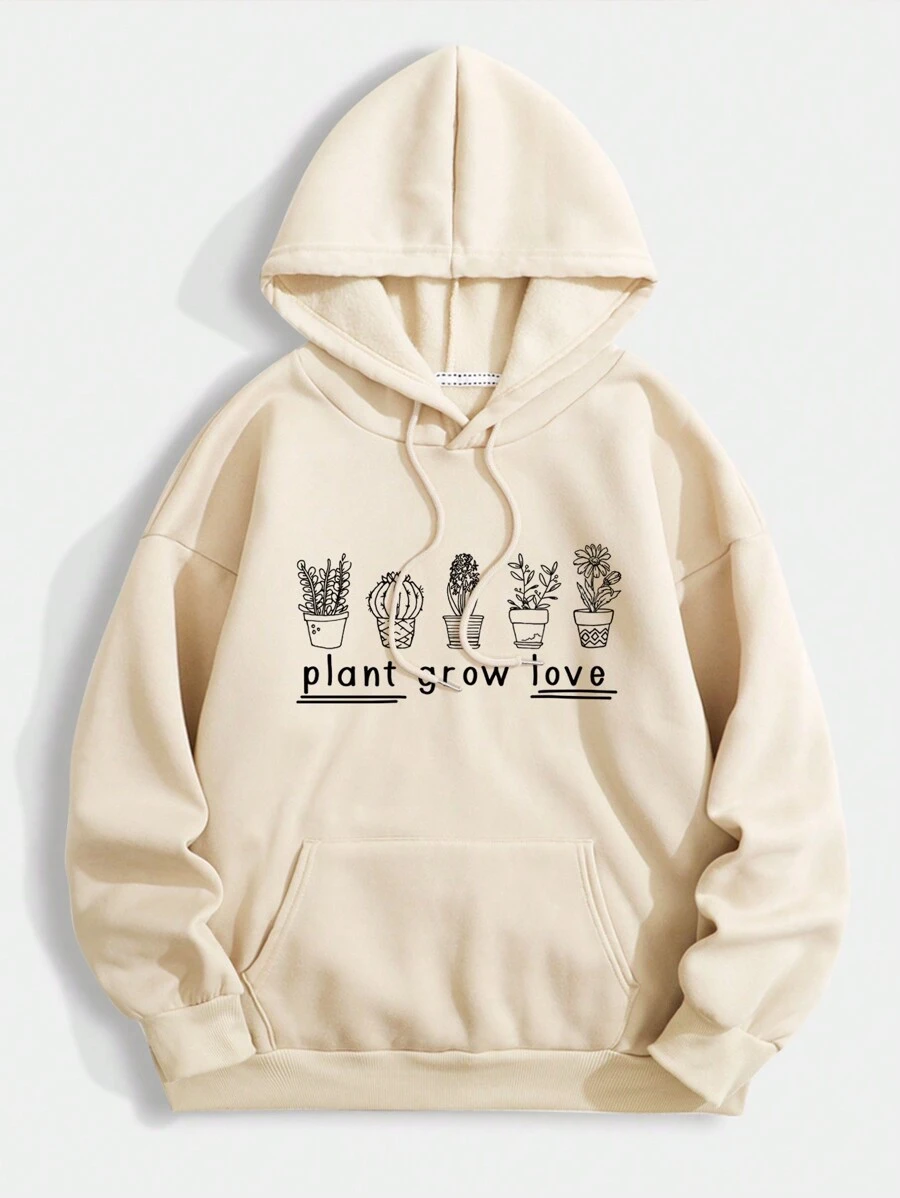 SHEIN LUNE Thực vật & Đồ họa Chữ cái Túi kangaroo Dây rút Áo hoodie ấm áp - Màu be - Xem 1
