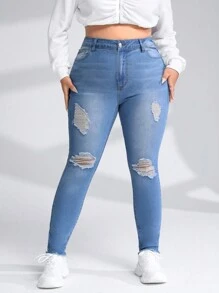 SHEIN ICON 大碼破洞毛邊緣緊身牛仔褲 - 淺色水洗藍 - 查看 1