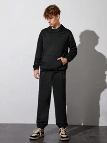 青少年男孩素色袋鼠口袋衛衣和衛褲 - 黑色 - 查看 4