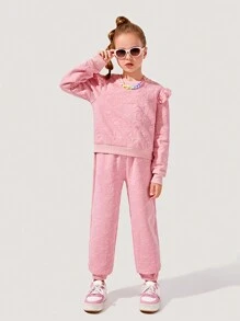 SHEIN Tween Girl Letter Embossed Ruffle Trim Sweatshirt & Sweatpants - Pink - View 1
