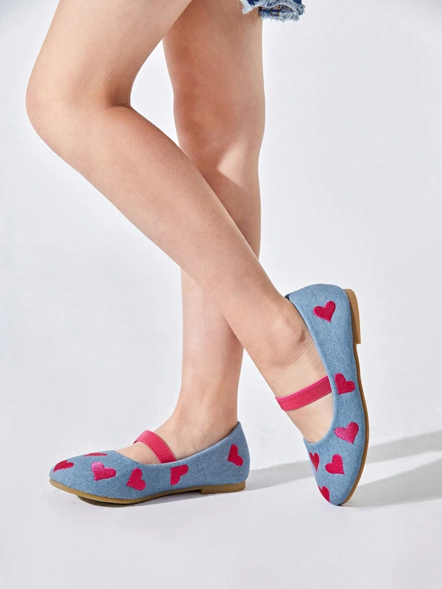 時尚孩子們的刺繡牛仔風格平底鞋帶Love愛心設計適用於秋天 - 藍色 - 查看 1