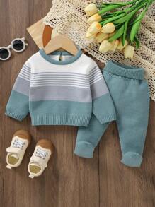 SHEIN Baby Boy Colorblock Striped Sweater & Knit Pants