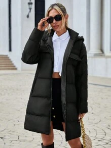 EURMUSE Zip Up Hooded Puffer Coat - Black - View 6