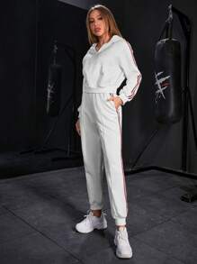 Striped Tape Side Hoodie & Sweatpants - White - View 3