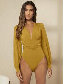 BizChic Plunging Neck Lantern Sleeve Ruched Bodysuit - Yellow - View 5