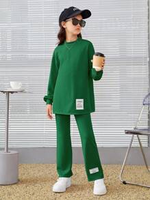 SHEIN Cô gái Tween Slogan Đã vá Áo thun Thả vai & Quần - màu xanh lá - Xem 1