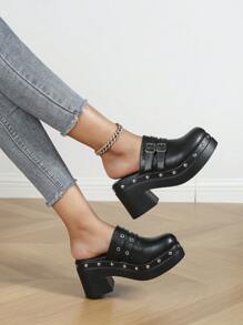 女士厚底滑入式馬車鞋,亮釦細節無後跟設計,休閒穿著款式流行 - 黑色 - 查看 5