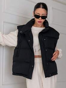 DAZY 斜插口袋無袖填充厚口袋外套 - 黑色 - 查看 2