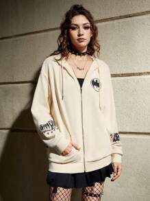 Batman X ROMWE 漫畫人物&字母圖案下垂肩連帽衫 - 杏色 - 查看 5