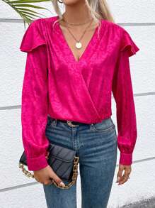 SHEIN Clasi Floral Jacquard Ruffle Trim Surplice Neck Blouse - Hot Pink - View 4