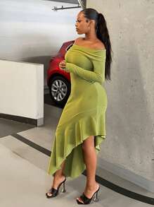 SHEIN SXY Vestido de hombros descubiertos asimétrico bajo con fruncido