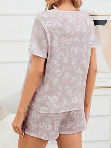 Maternity Floral Print Nursing Tee & Shorts PJ Set - Dusty Pink - View 2